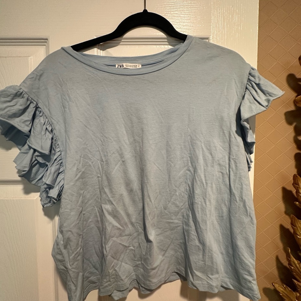Zara Light Blue Ruffle Sleeve Top